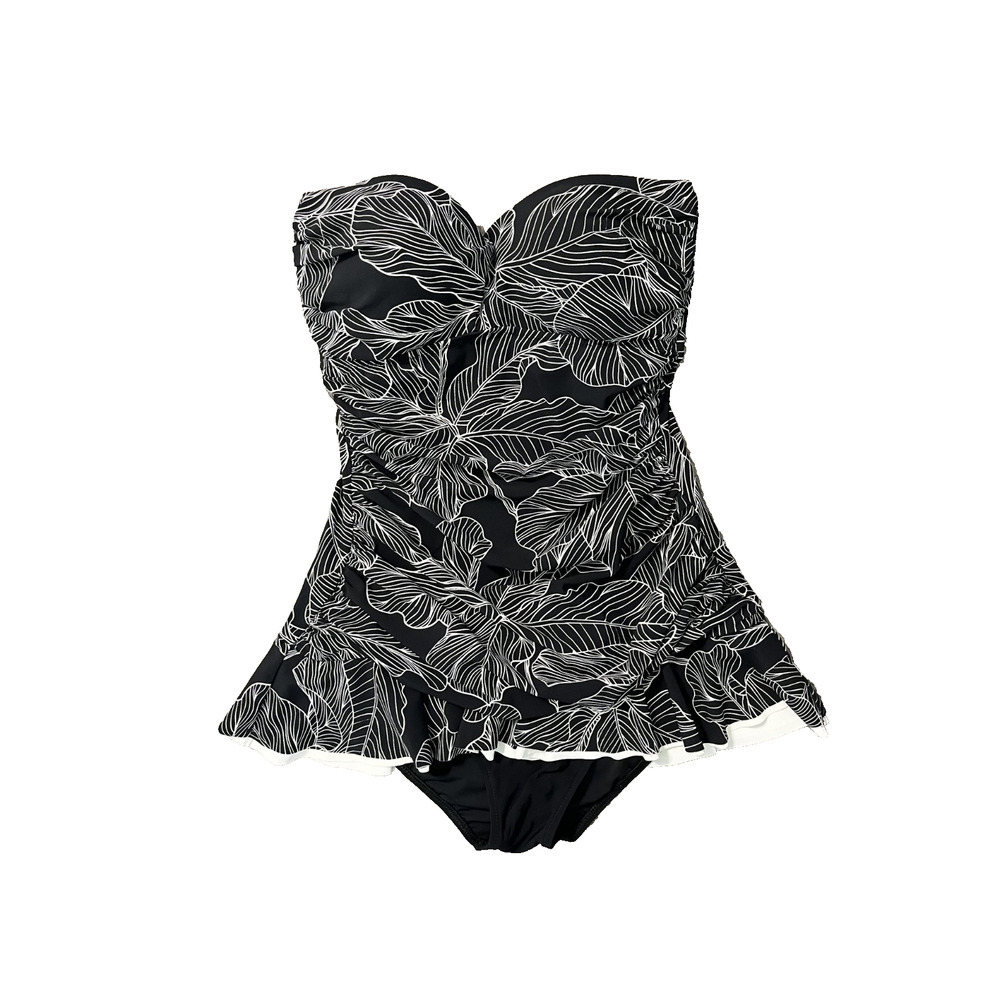 Women's Profile Size 8 Black White Floral One Piece Swimsuit Bra Pads Strapless